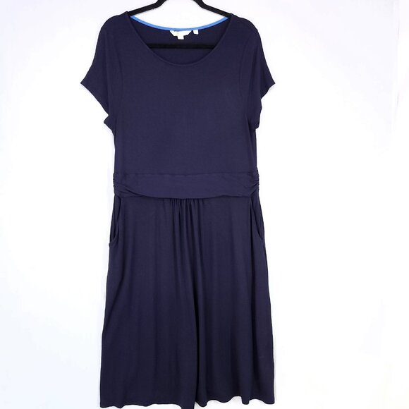 Boden Jersey Midi Dress Size 14 Pleated Pockets Boat Neck Navy Blue Resort Wear - Picture 1 of 12